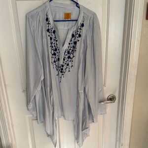 Plus Size Ruby Rd Women's Blouse 3/4 Sleeve Stripes Embroidered White/Blue 2X